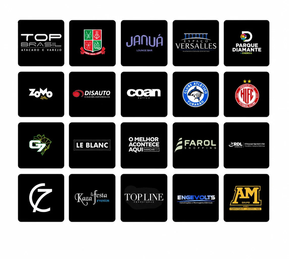Logos de empresas clientes da Aliança Facility: Top Brasil, Farol Shopping, Espaço Versalles, Clube Atlético Tubarão, Hercílio Luz Futebol Clube, Hangar 737, Disauto, Coan, Engevolts, entre outras.